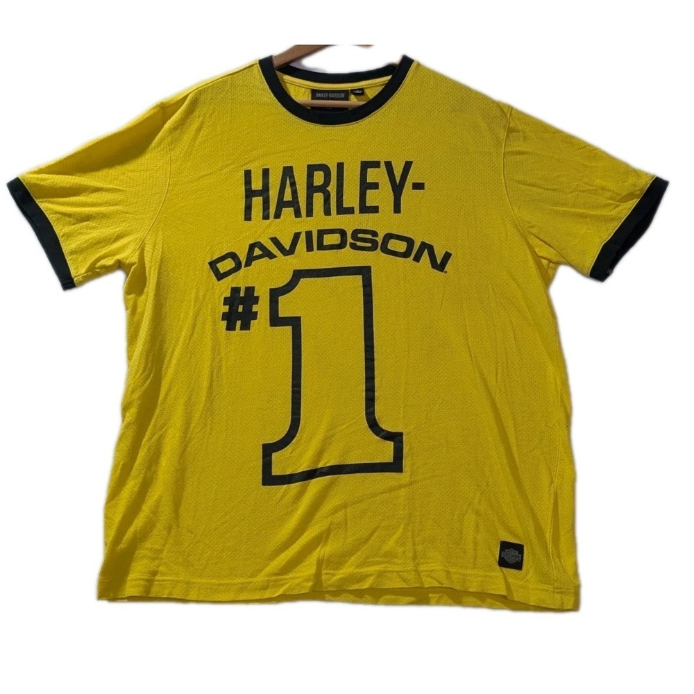 Harley Davidson Y2K #1 Jersey Shirt Yellow Black Ringer Graphic‎ XL VTG